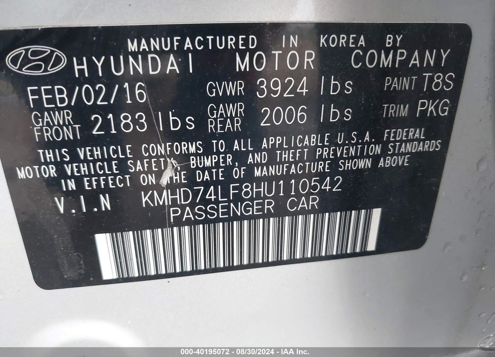 2017 HYUNDAI ELANTRA SE VIN: KMHD74LF8HU110542
