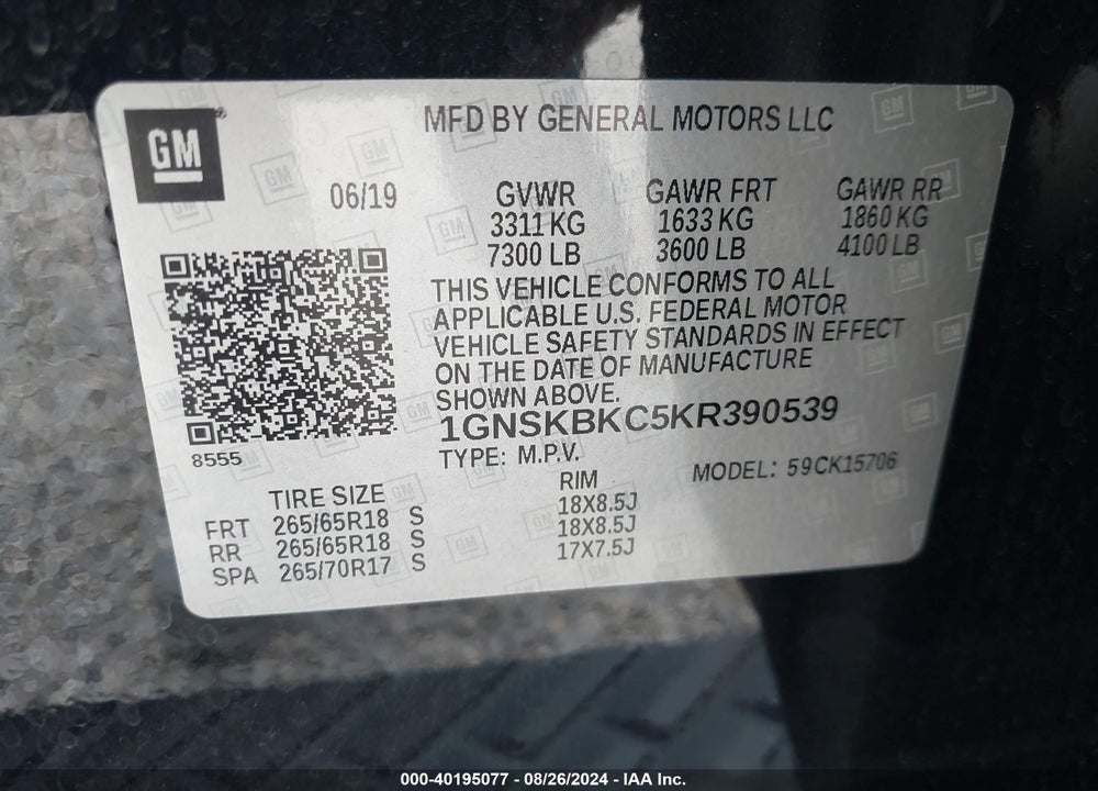 2019 CHEVROLET TAHOE LT VIN: 1GNSKBKC5KR390539