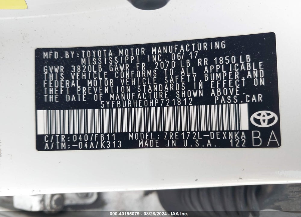 2017 TOYOTA COROLLA VIN: 5YFBURHE0HP721812