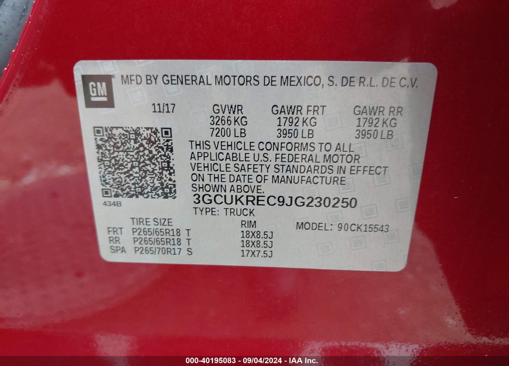 2018 CHEVROLET SILVERADO 1500 2LT VIN: 3GCUKREC9JG230250