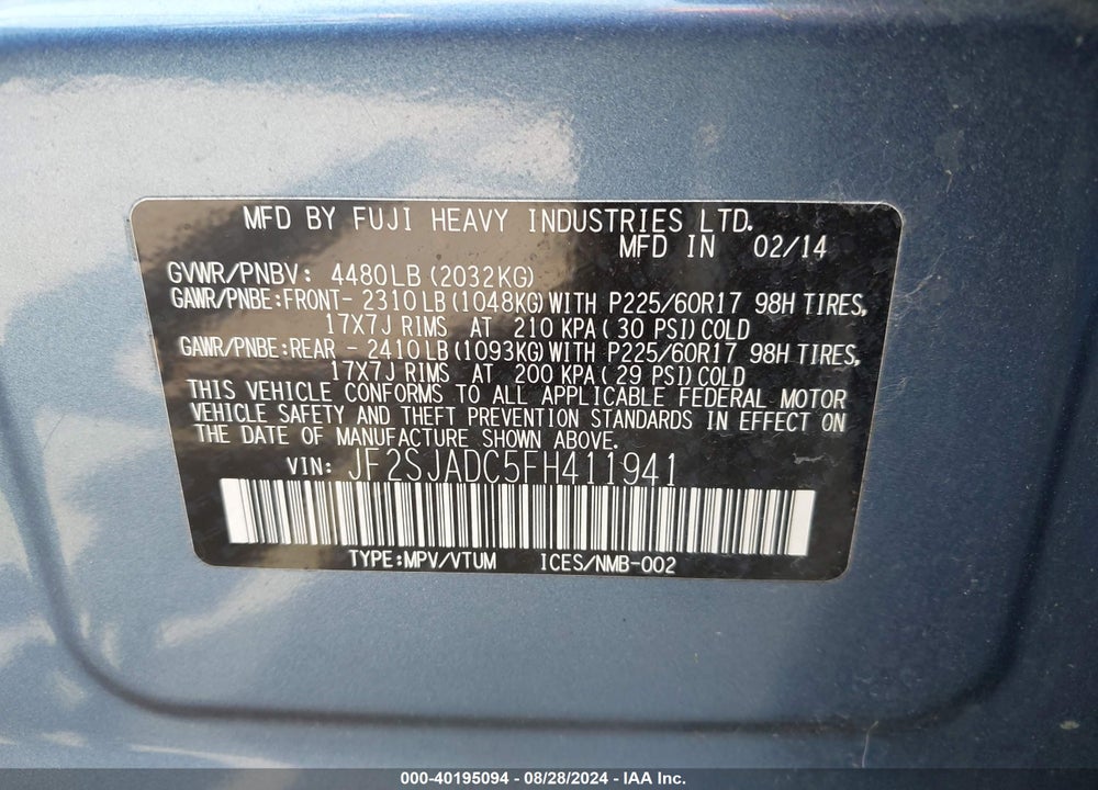2015 SUBARU FORESTER 2.5I PREMIUM VIN: JF2SJADC5FH411941