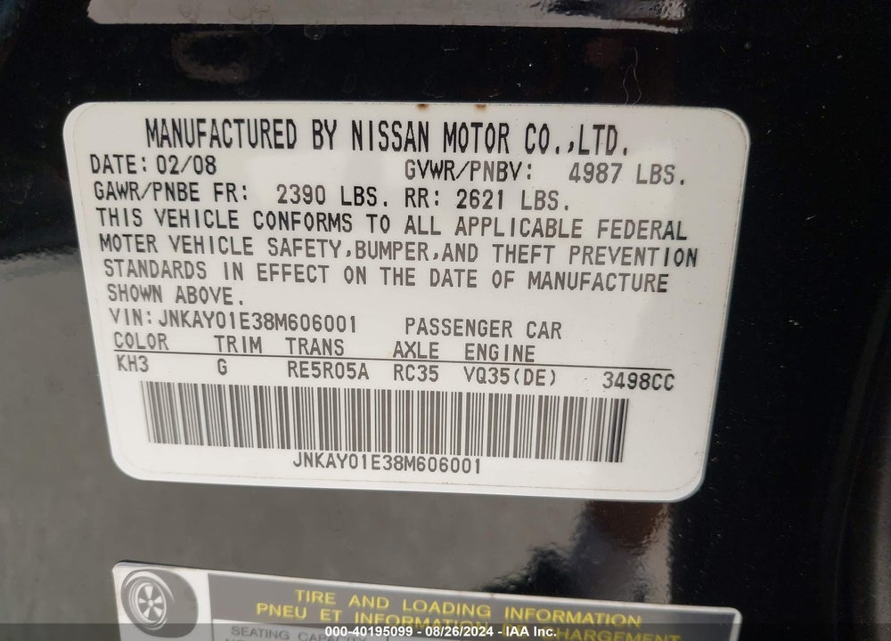 2008 INFINITI M35 VIN: JNKAY01E38M606001