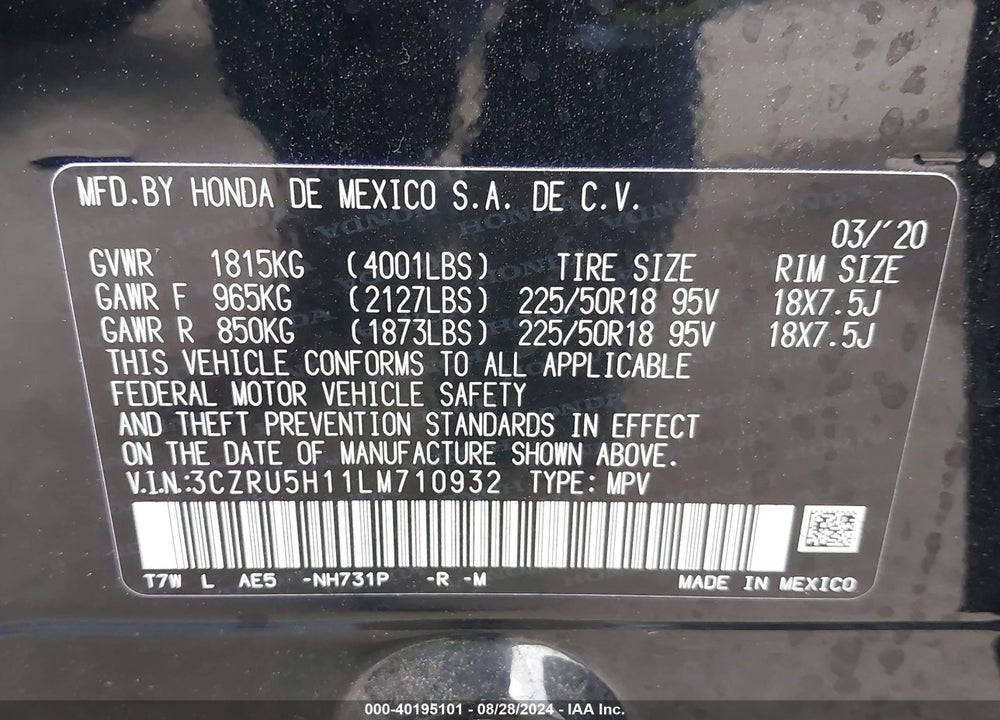 2020 HONDA HR-V 2WD SPORT VIN: 3CZRU5H11LM710932