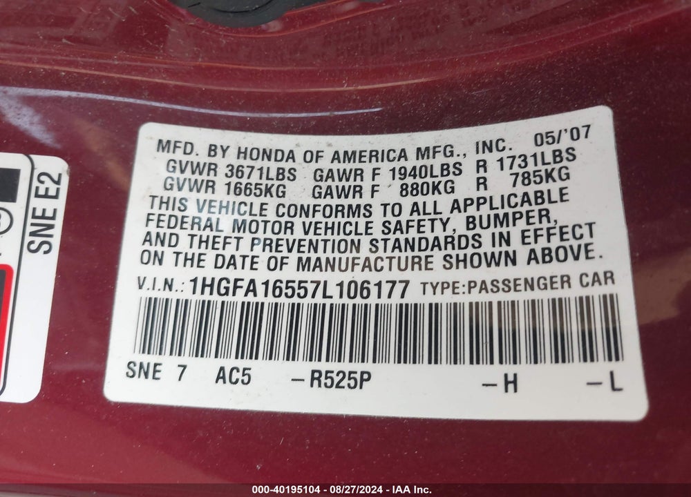 2007 HONDA CIVIC LX VIN: 1HGFA16557L106177