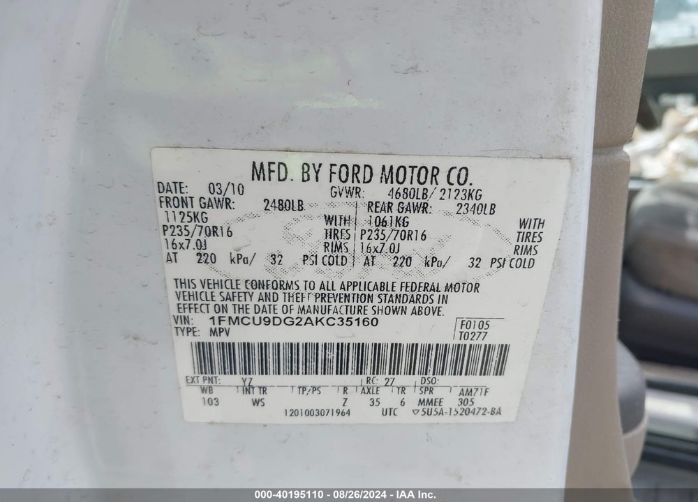 2010 FORD ESCAPE XLT VIN: 1FMCU9DG2AKC35160