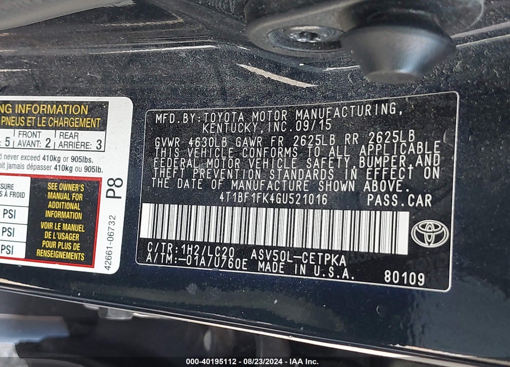 2016 TOYOTA CAMRY XSE VIN: 4T1BF1FK4GU521016