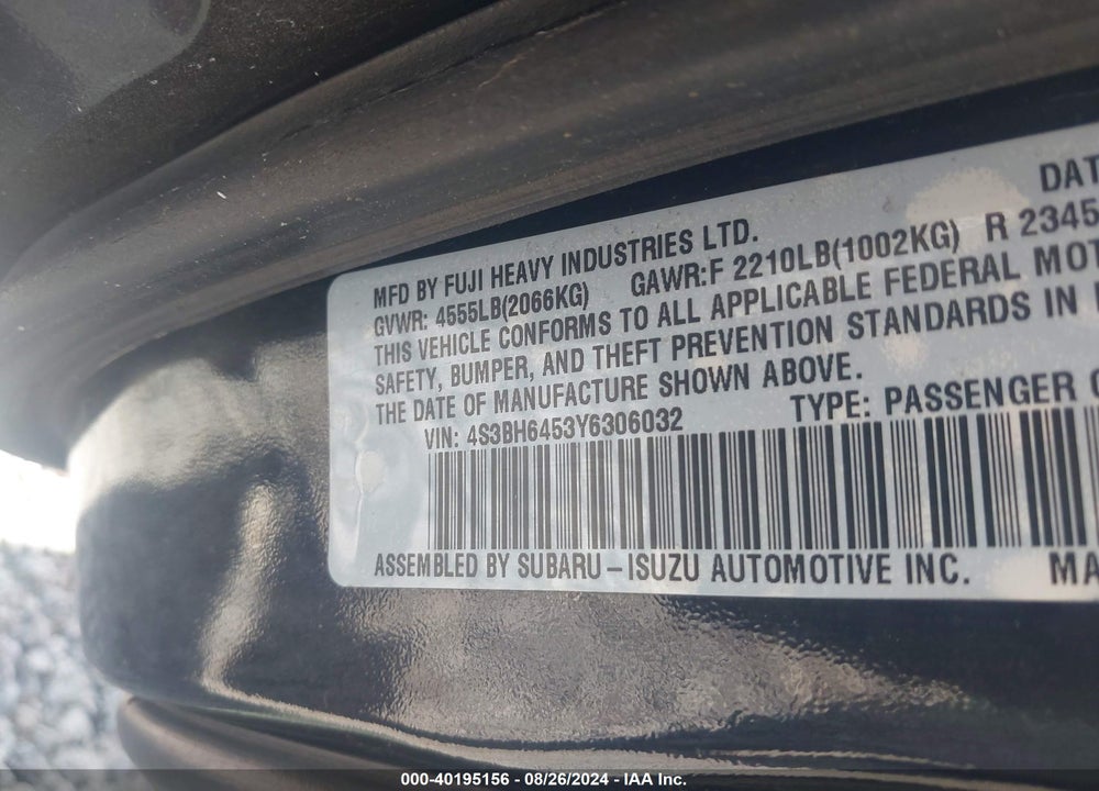 2000 SUBARU LEGACY GT VIN: 4S3BH6453Y6306032
