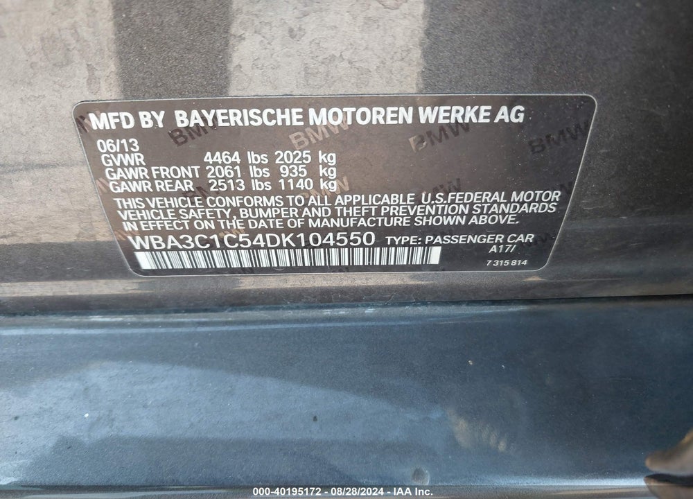 2013 BMW 328I VIN: WBA3C1C54DK104550