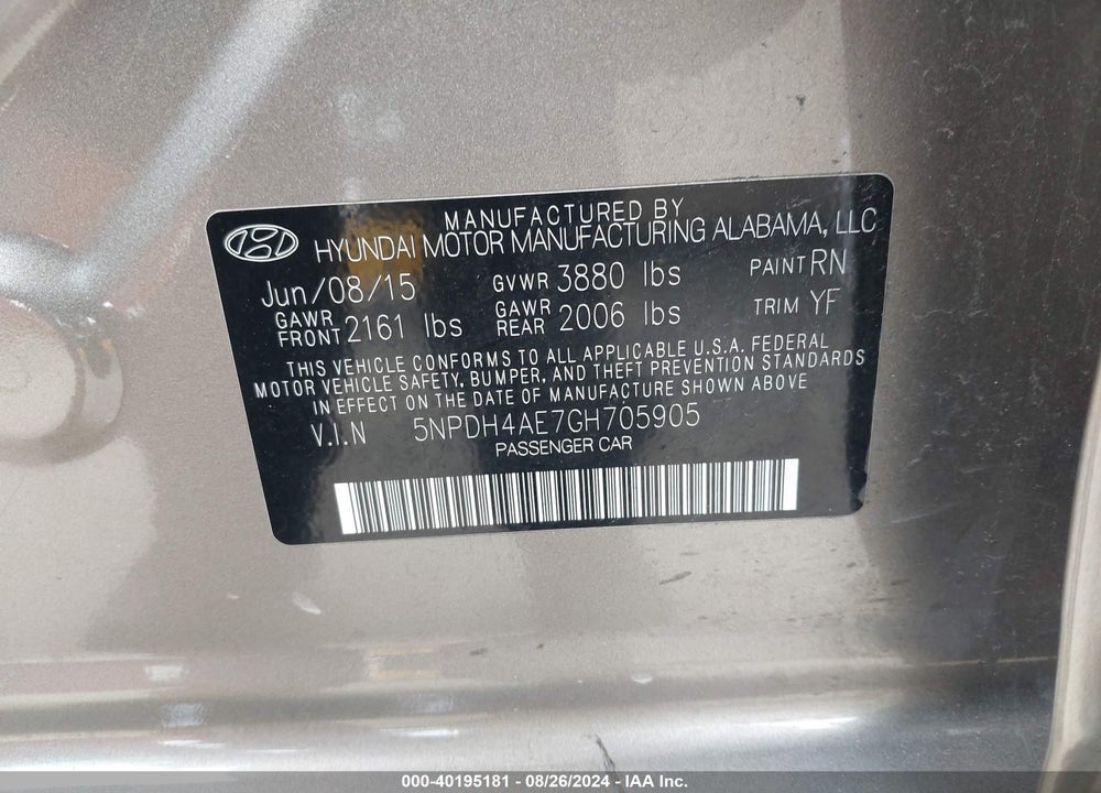 2016 HYUNDAI ELANTRA SE VIN: 5NPDH4AE7GH705905