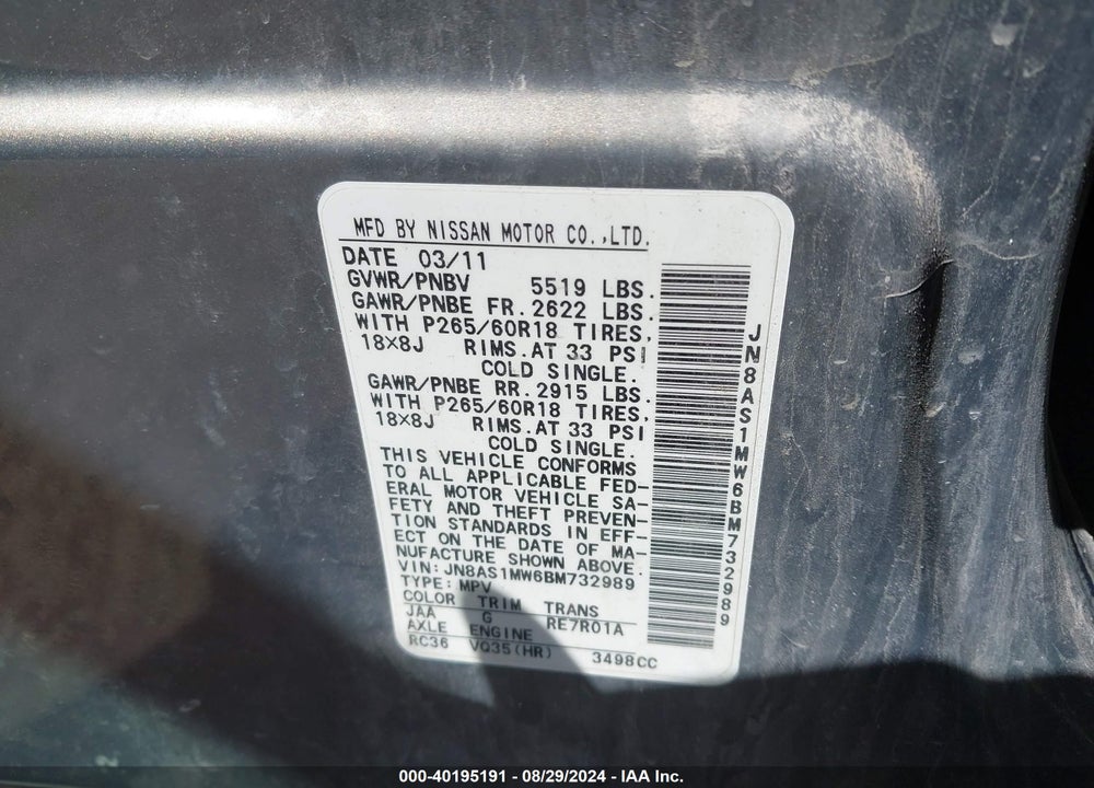 2011 INFINITI FX35 VIN: JN8AS1MW6BM732989