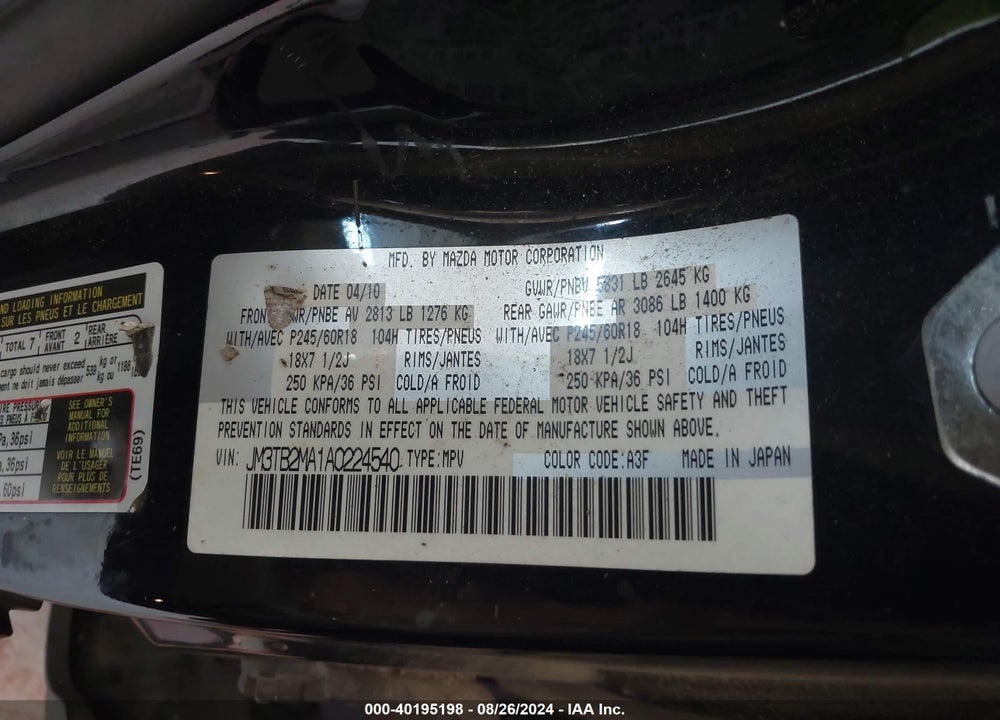 2010 MAZDA CX-9 SPORT VIN: JM3TB2MA1A0224540