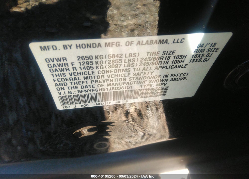 2018 HONDA PILOT EX-L VIN: 5FNYF6H51JB038151