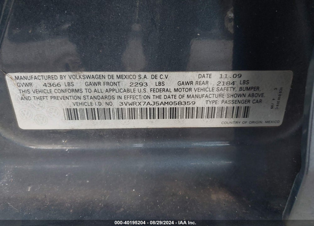 2010 VOLKSWAGEN JETTA SE VIN: 3VWRX7AJ5AM058359
