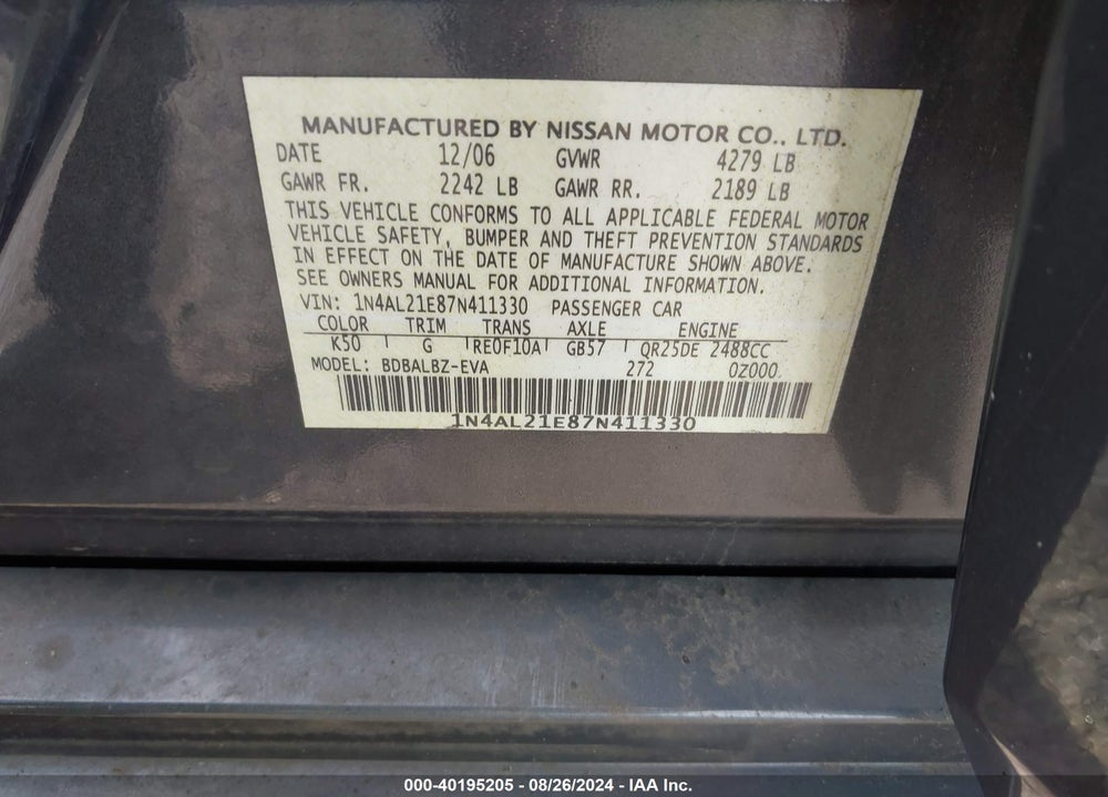 2007 NISSAN ALTIMA 2.5 S VIN: 1N4AL21E87N411330