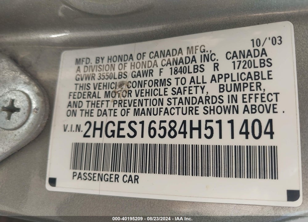 2004 HONDA CIVIC LX VIN: 2HGES16584H511404