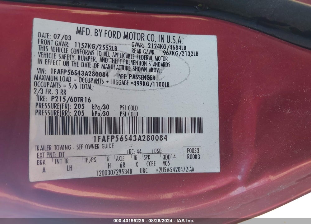 2003 FORD TAURUS SEL VIN: 1FAFP56S43A280084