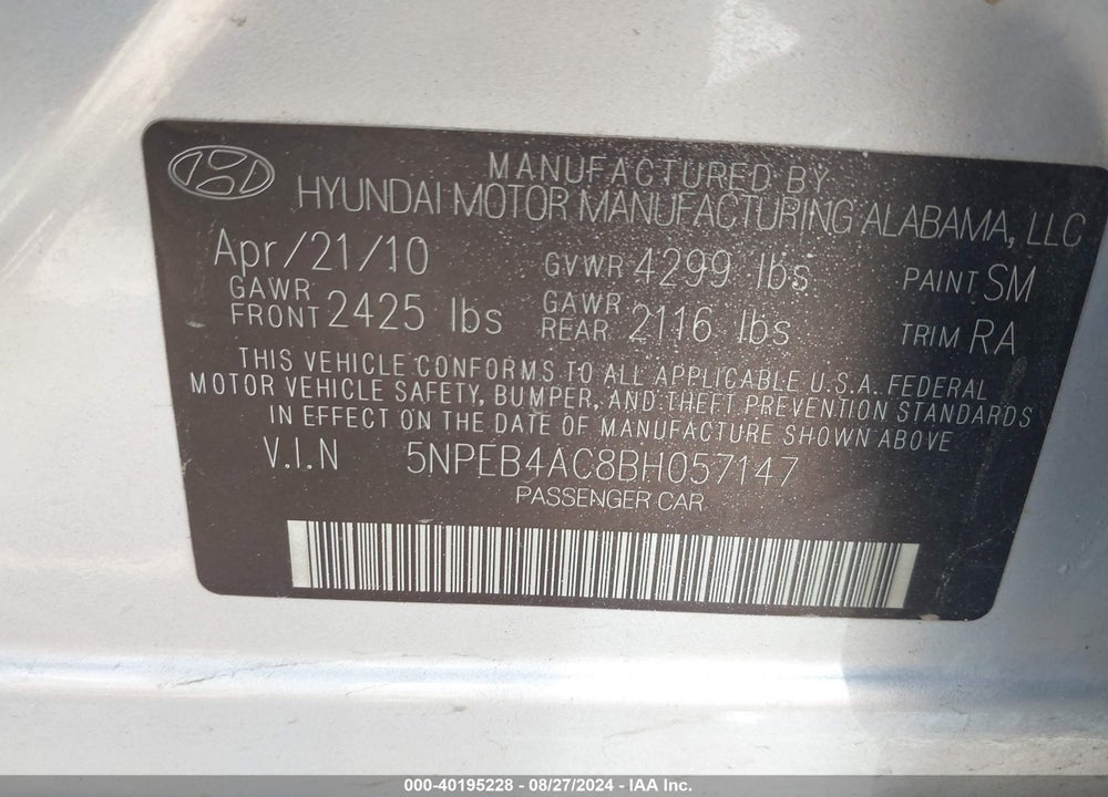 2011 HYUNDAI SONATA GLS VIN: 5NPEB4AC8BH057147