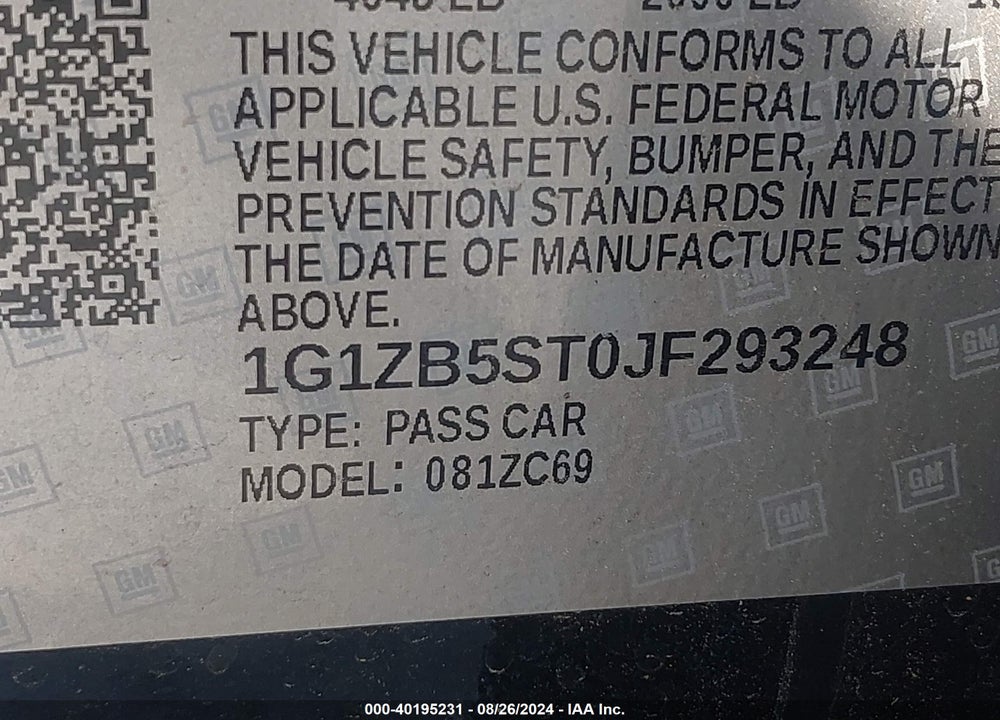 2018 CHEVROLET MALIBU 1LS VIN: 1G1ZB5ST0JF293248