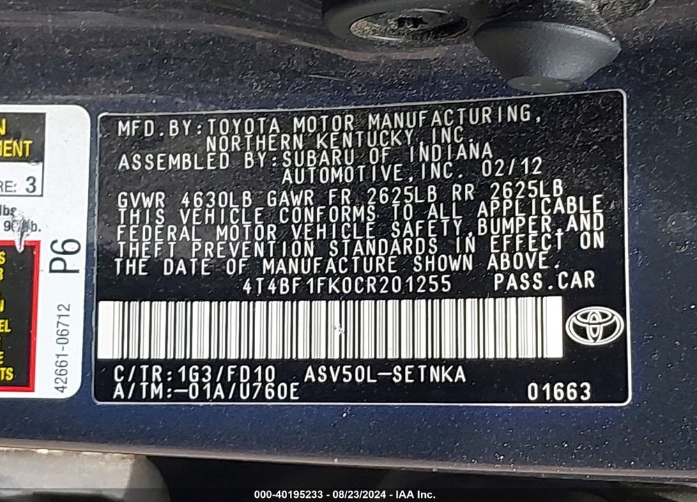 2012 TOYOTA CAMRY LE VIN: 4T4BF1FK0CR201255