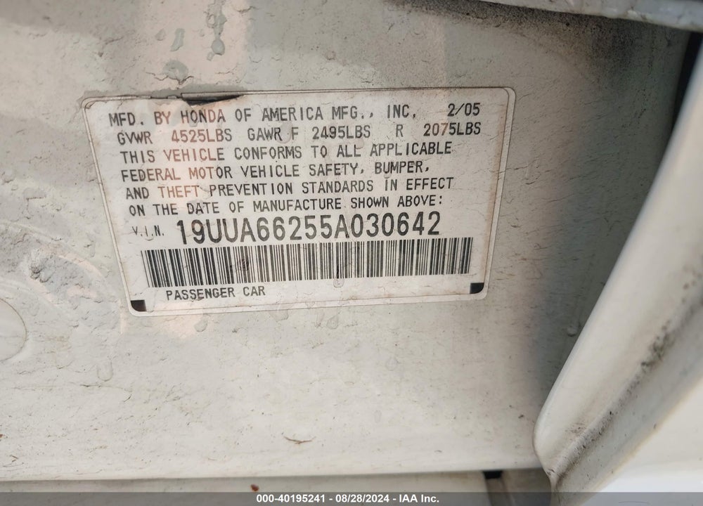 2005 ACURA TL VIN: 19UUA66255A030642
