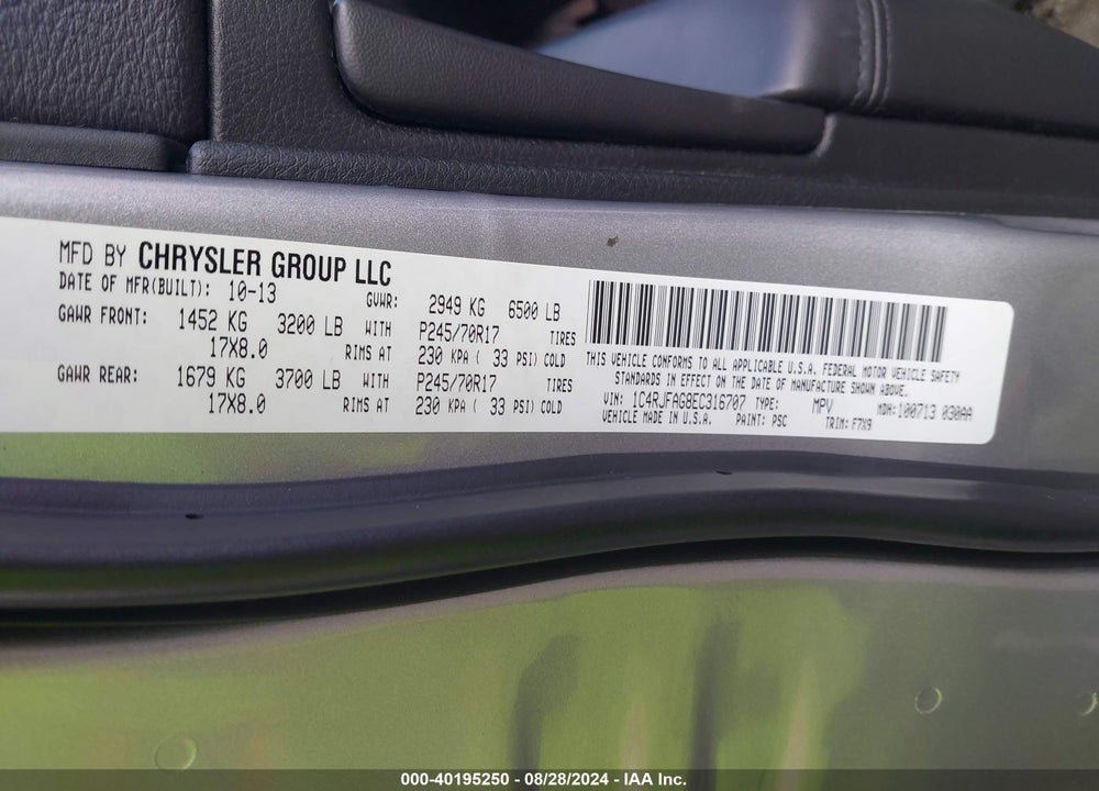 2014 JEEP GRAND CHEROKEE LAREDO VIN: 1C4RJFAG8EC316707