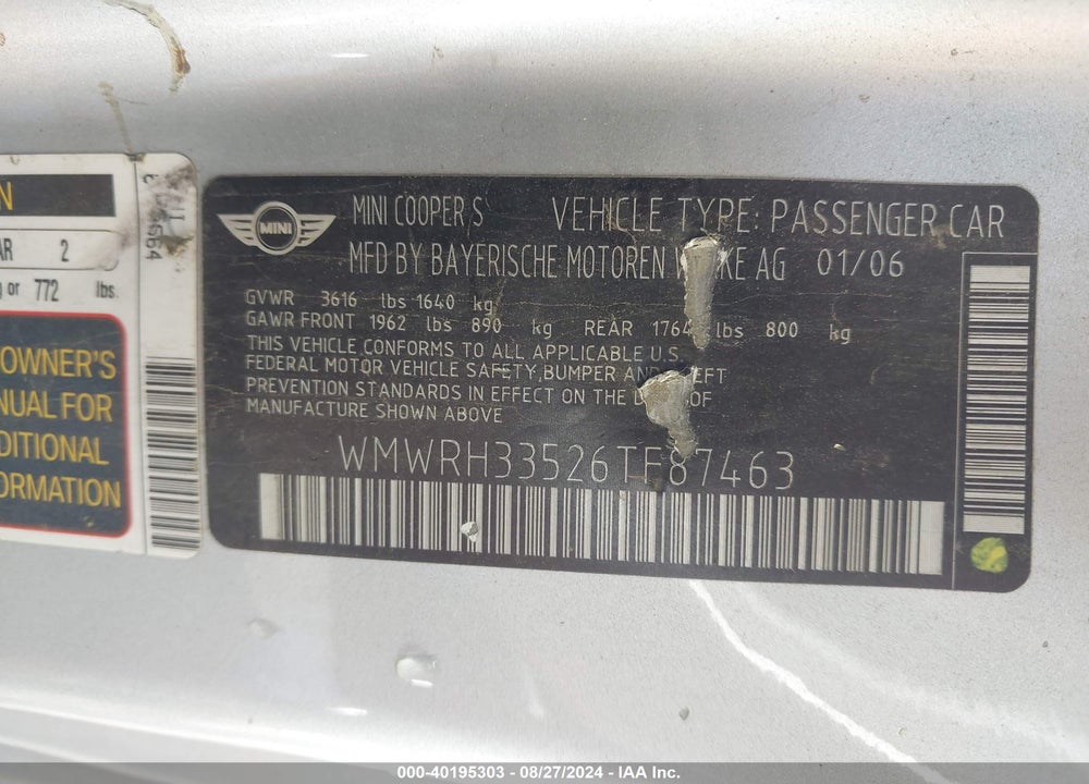 2006 MINI COOPER S VIN: WMWRH33526TF87463