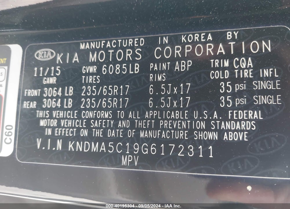 2016 KIA SEDONA L VIN: KNDMA5C19G6172311