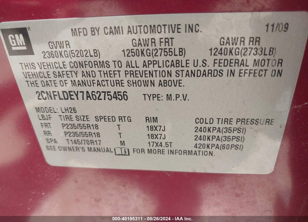 2010 CHEVROLET EQUINOX LT VIN: 2CNFLDEY7A6275456