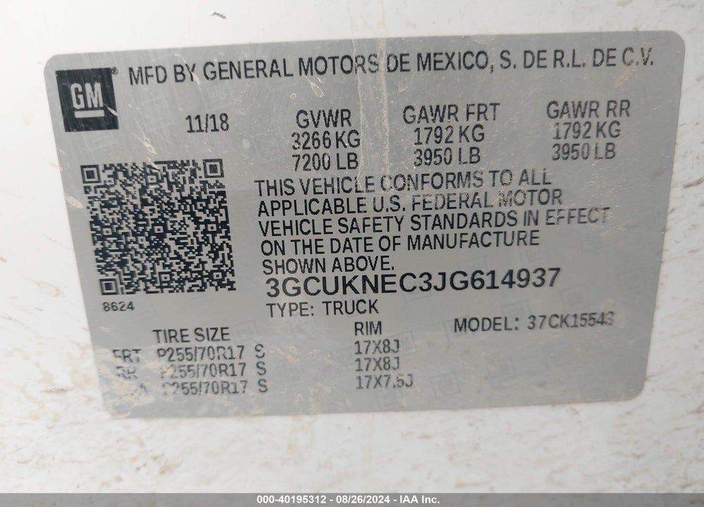 2018 CHEVROLET SILVERADO 1500 WT VIN: 3GCUKNEC3JG614937