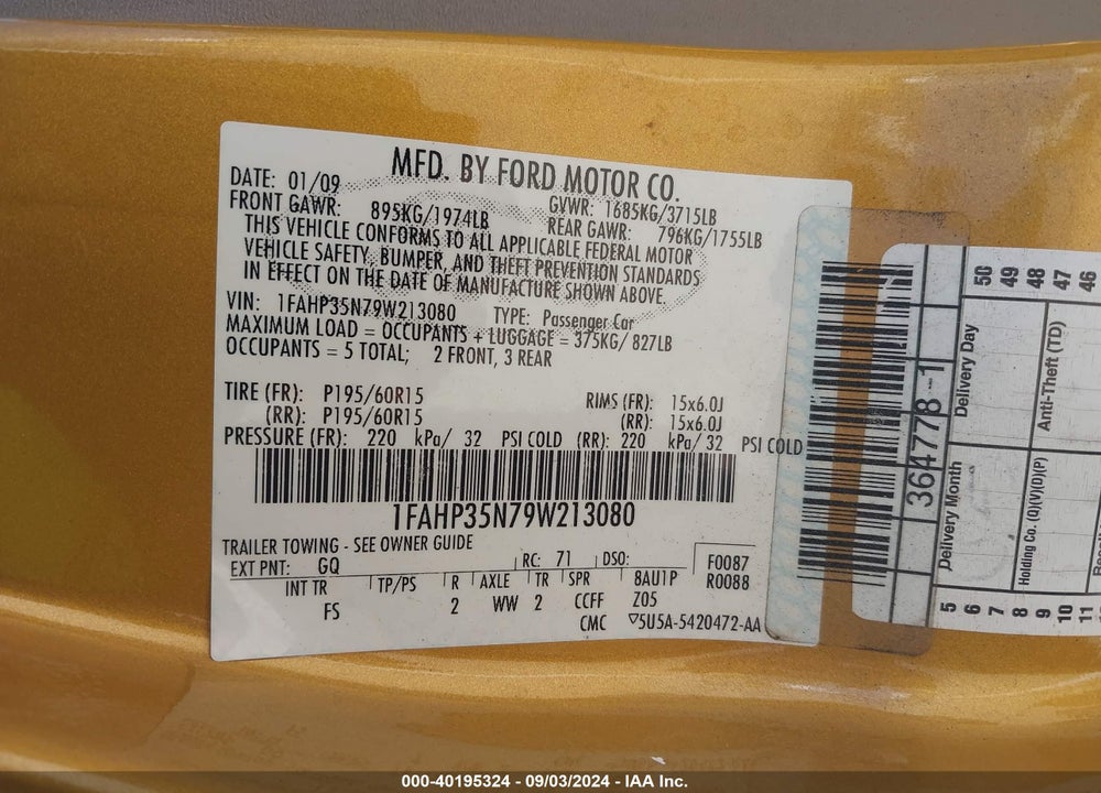 2009 FORD FOCUS SE VIN: 1FAHP35N79W213080