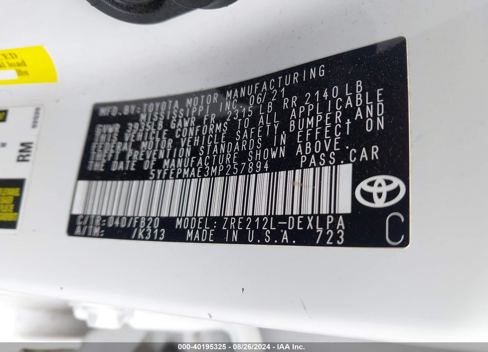 2021 TOYOTA COROLLA LE VIN: 5YFEPMAE3MP257894