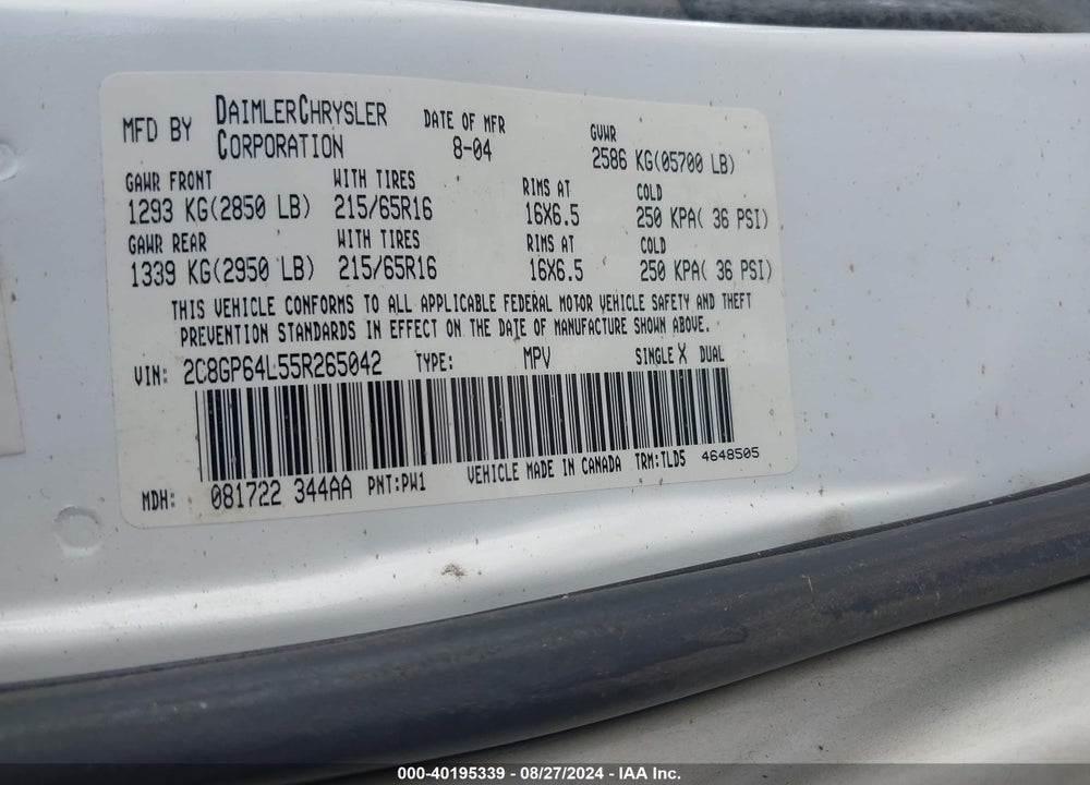 2005 CHRYSLER TOWN & COUNTRY LIMITED VIN: 2C8GP64L55R265042