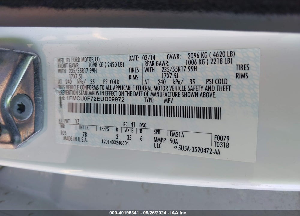 2014 FORD ESCAPE S VIN: 1FMCU0F72EUD09972