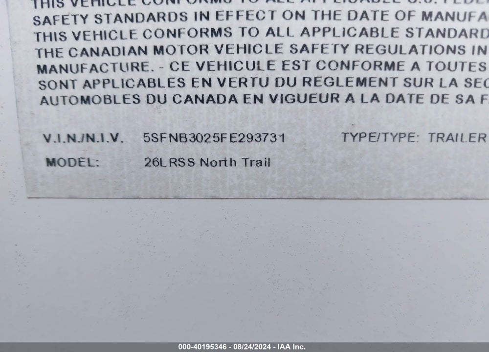 2015 HEARTLAND NORTH TRAIL VIN: 5SFNB3025FE293731