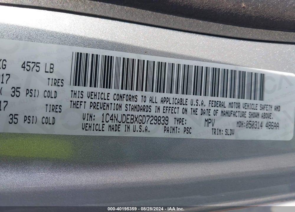 2016 JEEP COMPASS HIGH ALTITUDE EDITION VIN: 1C4NJDEBXGD729839