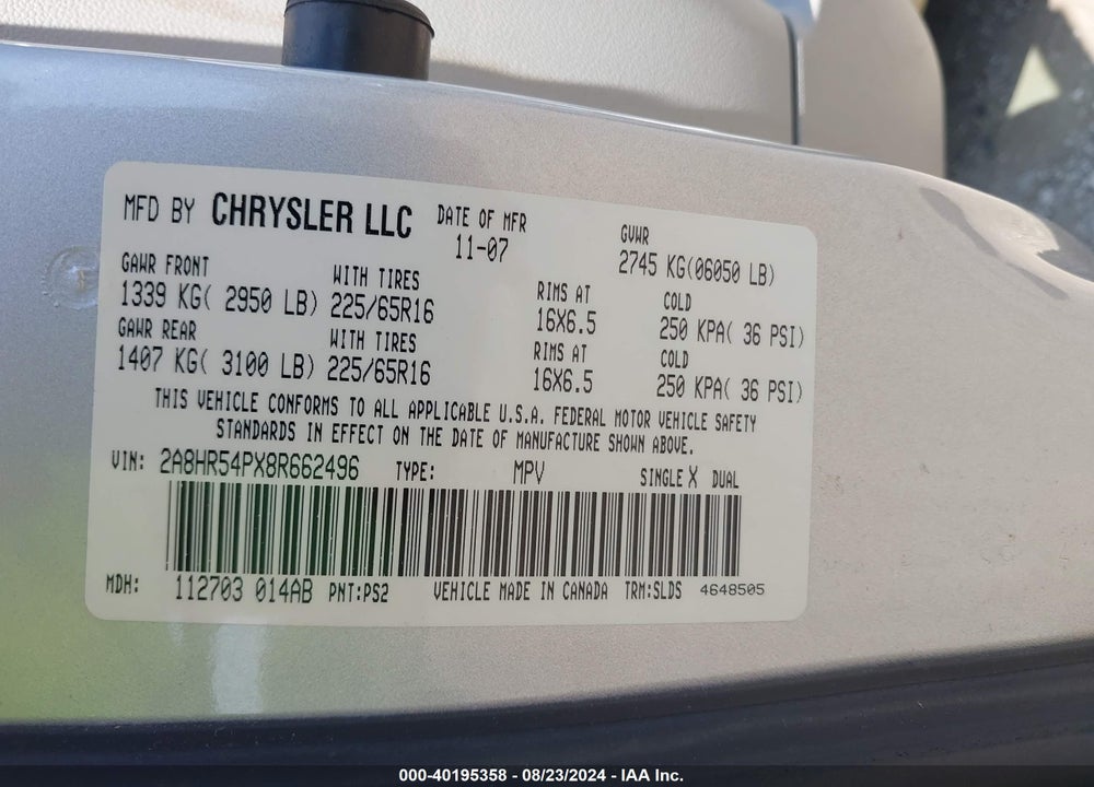 2008 CHRYSLER TOWN & COUNTRY TOURING VIN: 2A8HR54PX8R662496