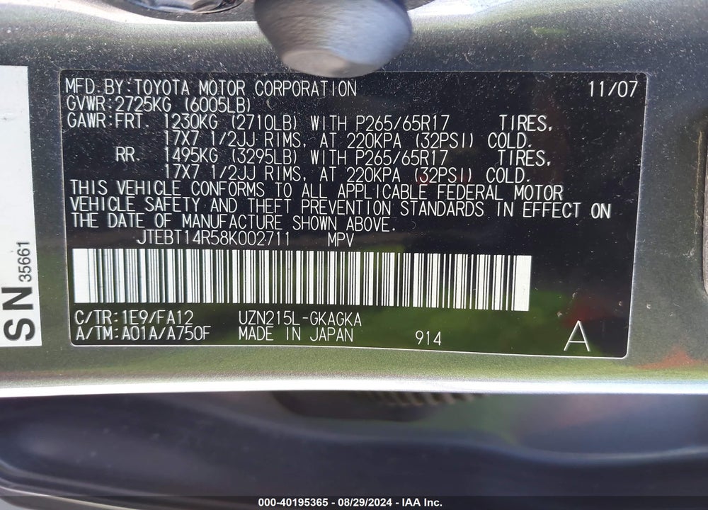 2008 TOYOTA 4RUNNER SR5 V8 VIN: JTEBT14R58K002711