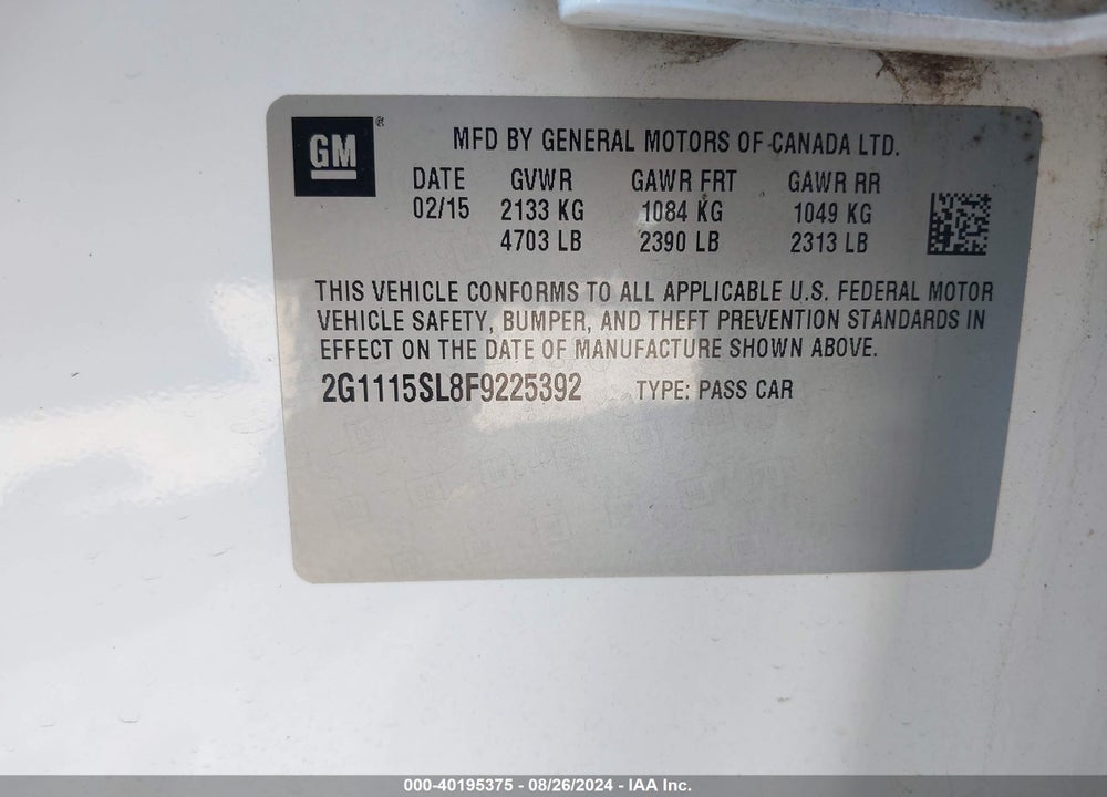 2015 CHEVROLET IMPALA 1LT VIN: 2G1115SL8F9225392