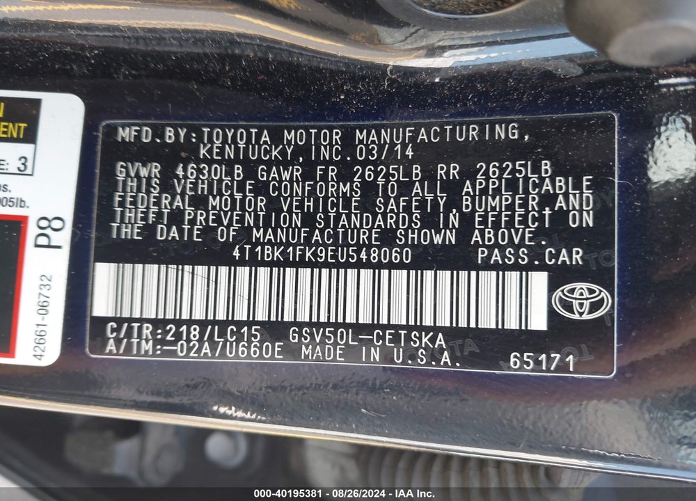 2014 TOYOTA CAMRY SE V6 VIN: 4T1BK1FK9EU548060