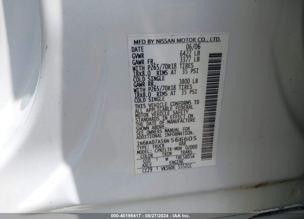 2006 NISSAN TITAN SE VIN: 1N6BA07A56N566605