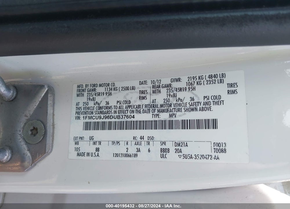 2013 FORD ESCAPE TITANIUM VIN: 1FMCU9J96DUB37604