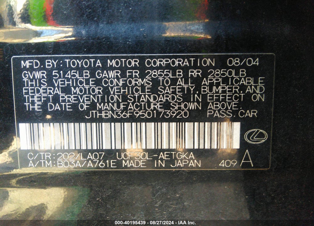 2005 LEXUS LS 430 VIN: JTHBN36F950173920