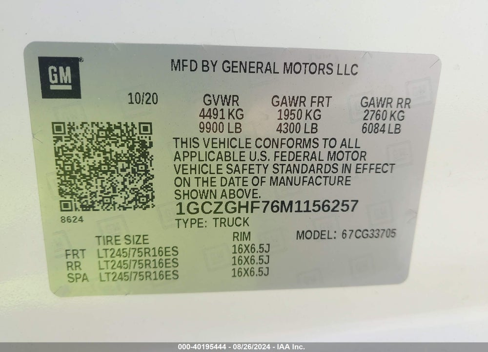 2021 CHEVROLET EXPRESS CARGO RWD 3500 EXTENDED WHEELBASE WT VIN: 1GCZGHF76M1156257
