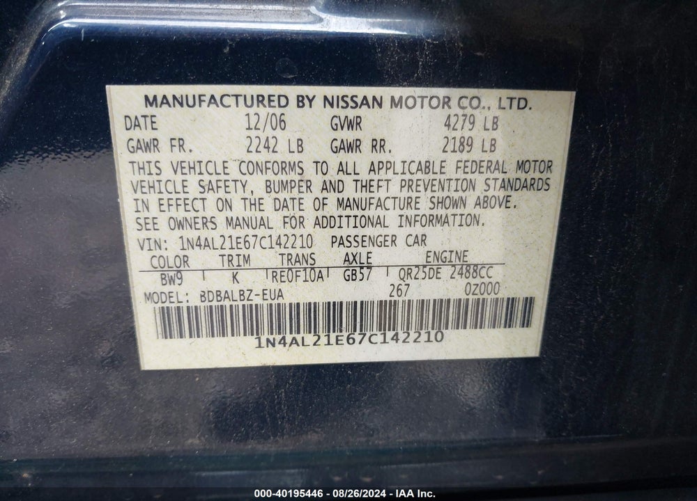 2007 NISSAN ALTIMA 2.5 S VIN: 1N4AL21E67C142210