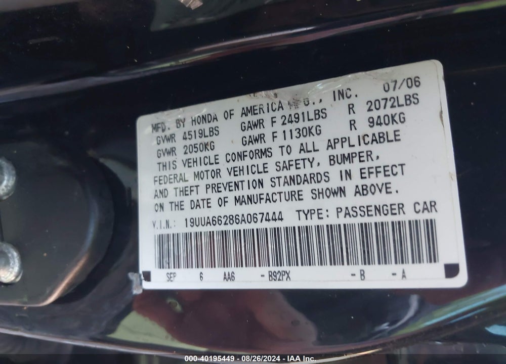 2006 ACURA TL VIN: 19UUA66286A067444