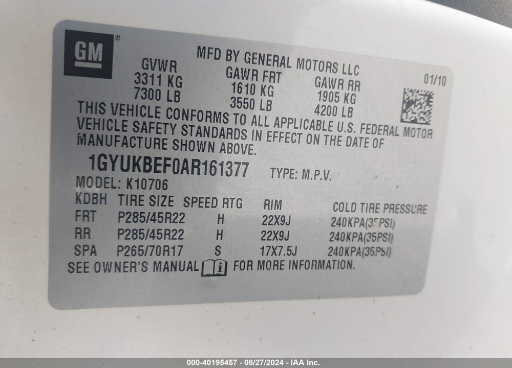 2010 CADILLAC ESCALADE LUXURY VIN: 1GYUKBEF0AR161377