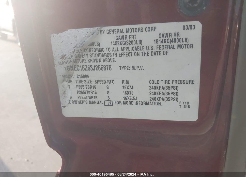 2003 CHEVROLET SUBURBAN 1500 LT VIN: 1GNEC16Z63J266878