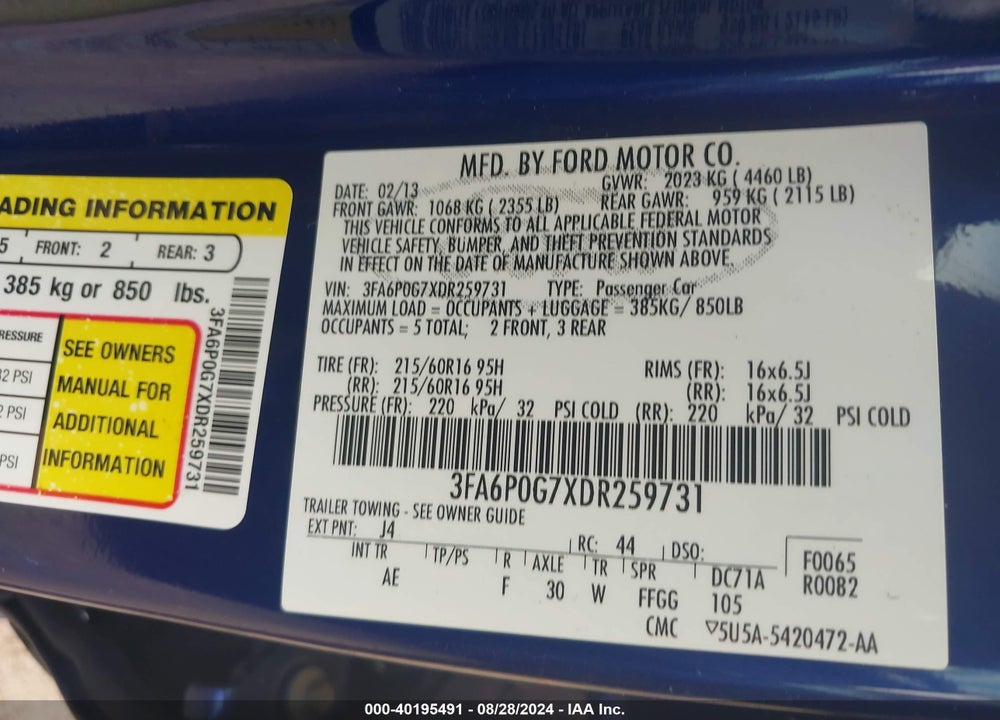2013 FORD FUSION S VIN: 3FA6P0G7XDR259731