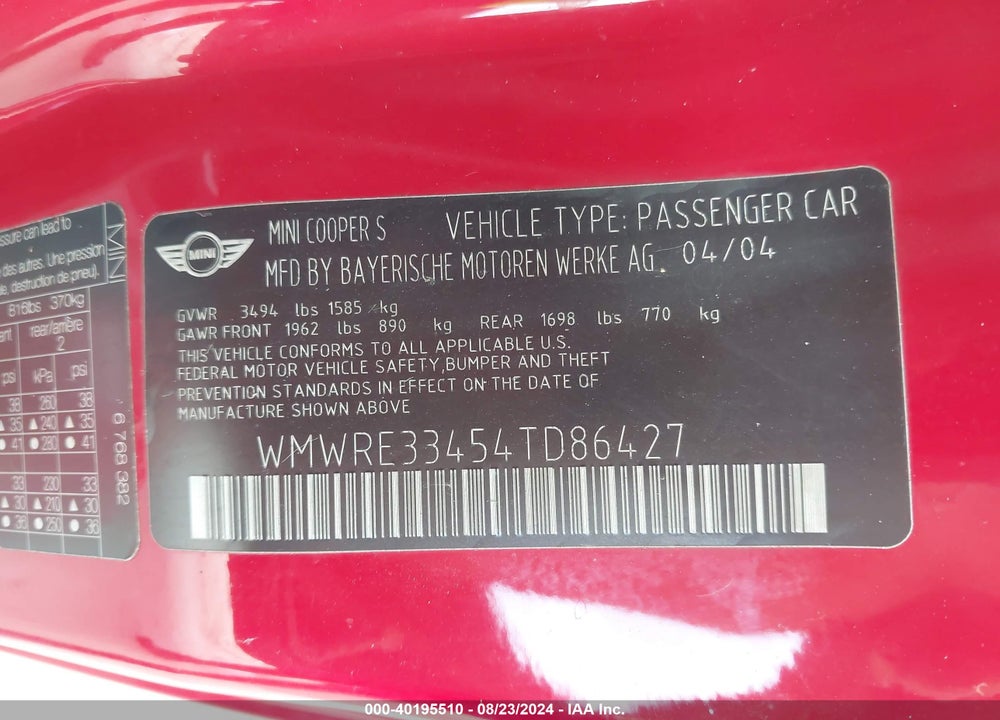 2004 MINI COOPER S VIN: WMWRE33454TD86427