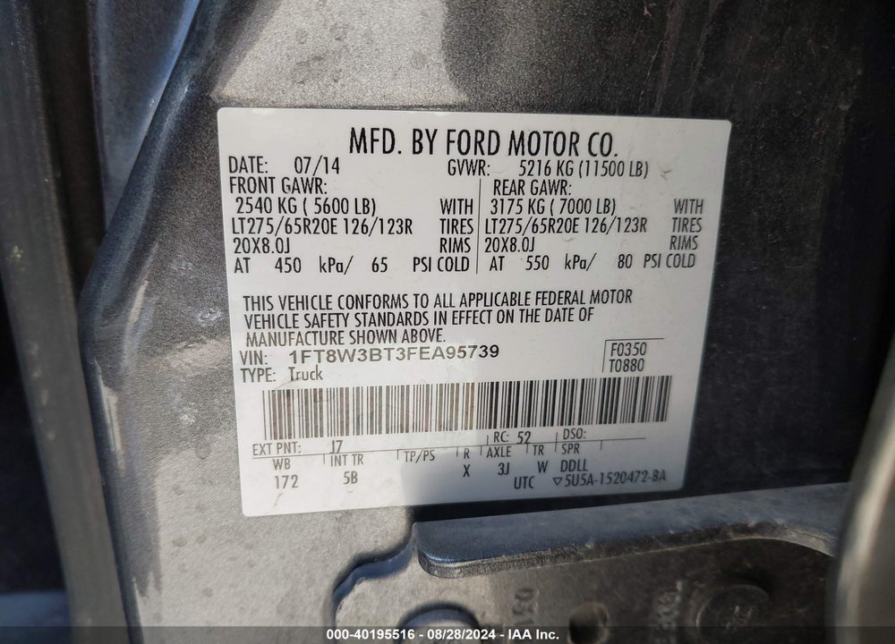 2015 FORD F-350 LARIAT VIN: 1FT8W3BT3FEA95739